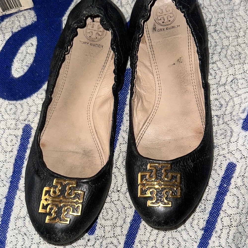 Tory Burch Black and Gold Leather Flats